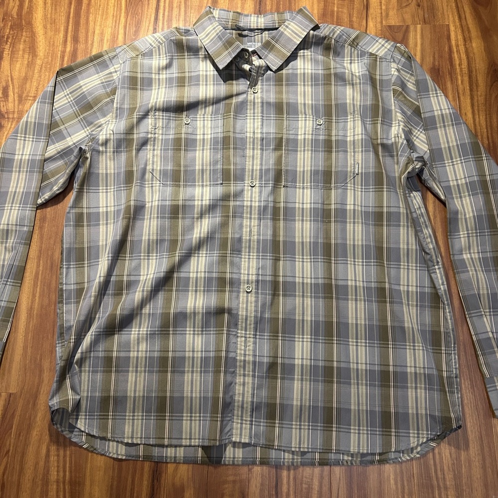Merrell Mens XXL Plaid Button Down Shirt Long Sleeve Blue Olive Green Hiking
